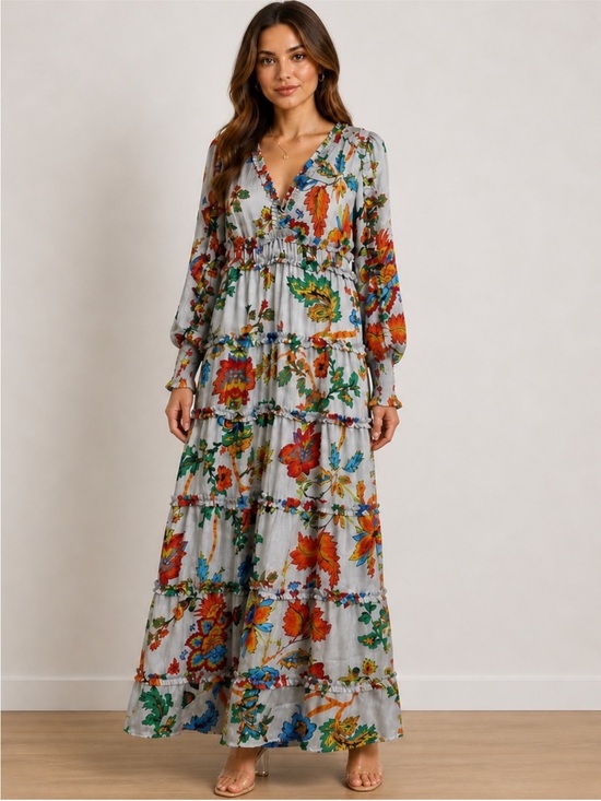 Chelsea & Violet Dresses & Skirts - Chelsea & Violet Multicolor Floral Tiered Maxi Dress on Light Gray Small